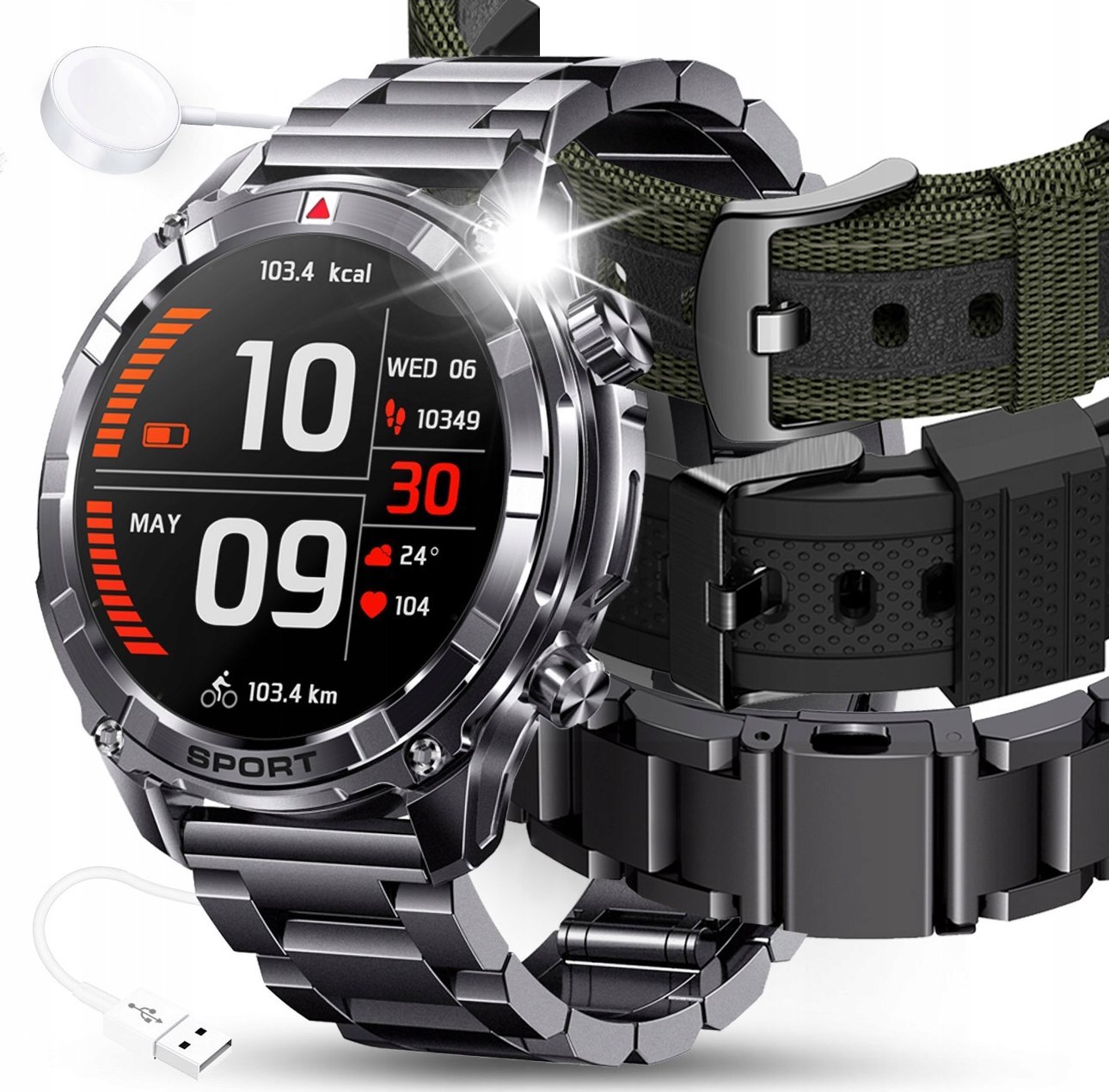 SMARTWATCH MĘSKI ZEGAREK MENU PL ROZMOWY CIŚNIENIE 500mAh AMOLED + 3 paski