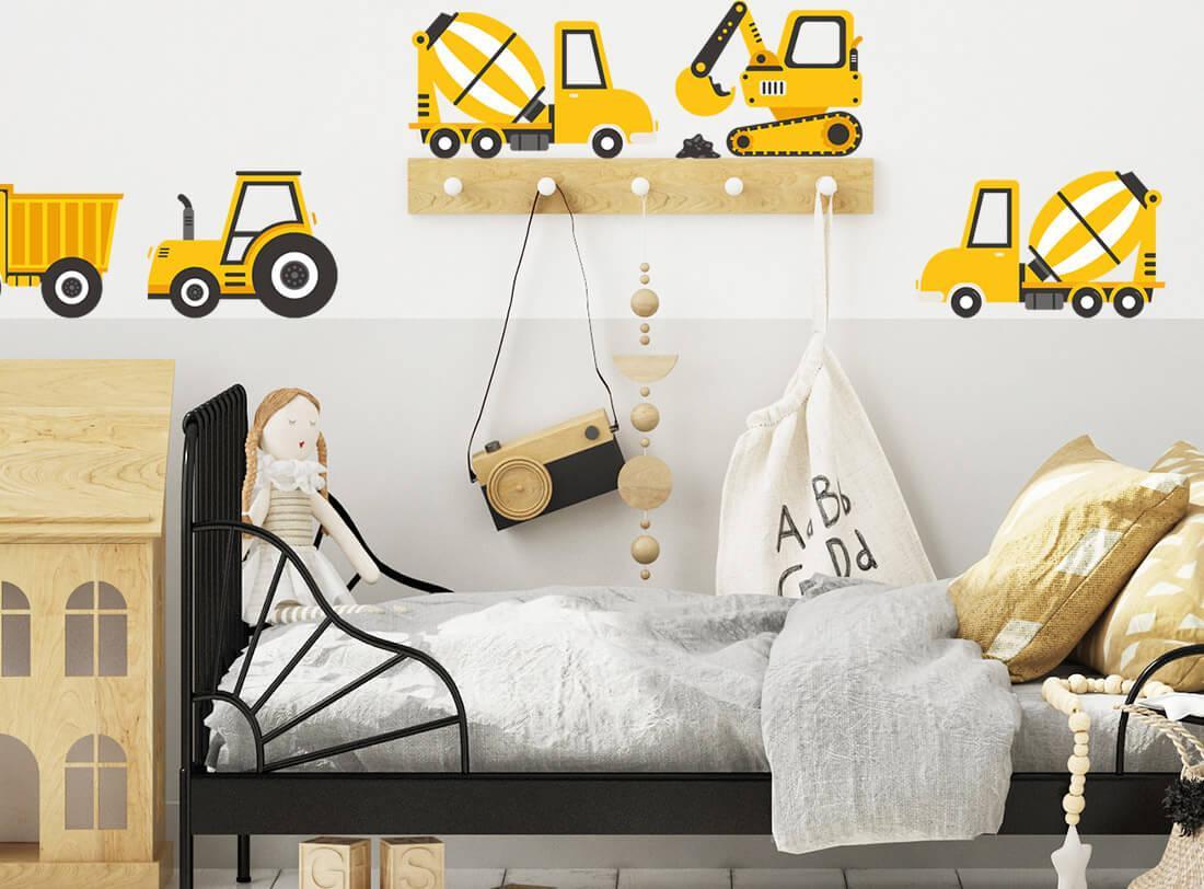Pastelowe Love Pojazdy budowlane żółte - Naklejka na ścianę