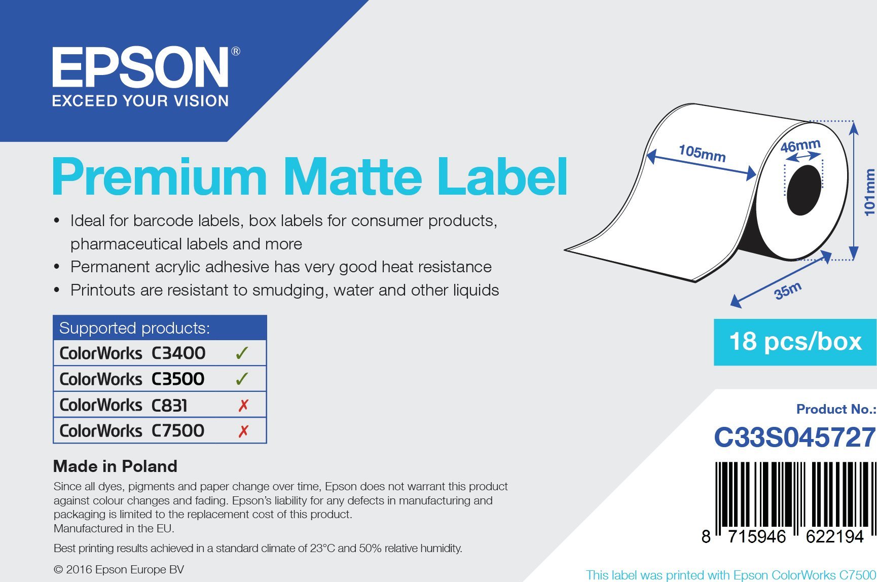 Epson Epson Premium Matte Label Cont.R, 105mm x 35m