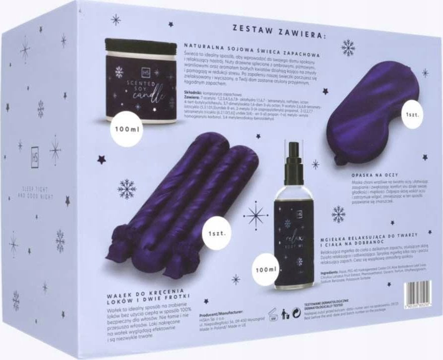 Alkotest HISKIN_SET Zestaw Na Dobrą Noc naturalna świeca sojowa 100ml + mgiełka relaksująca do ciała i twarzy 100ml + wałek do kręcenia loków i dwie f