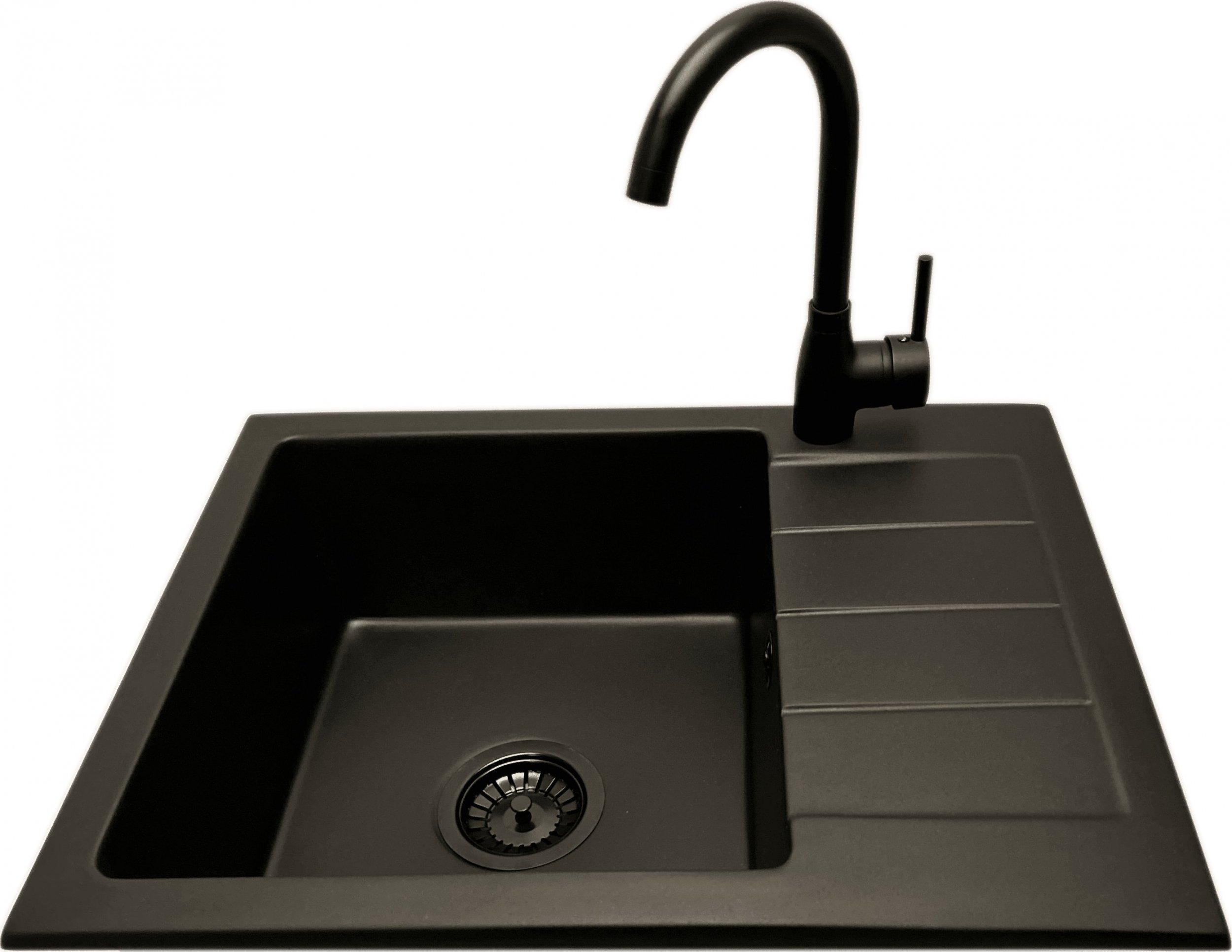 Zlewozmywak PREHNIT Zlewozmywak jednokomorowy z ociekaczem ADAL czarny z prawym ociekaczem + bateria LUNA