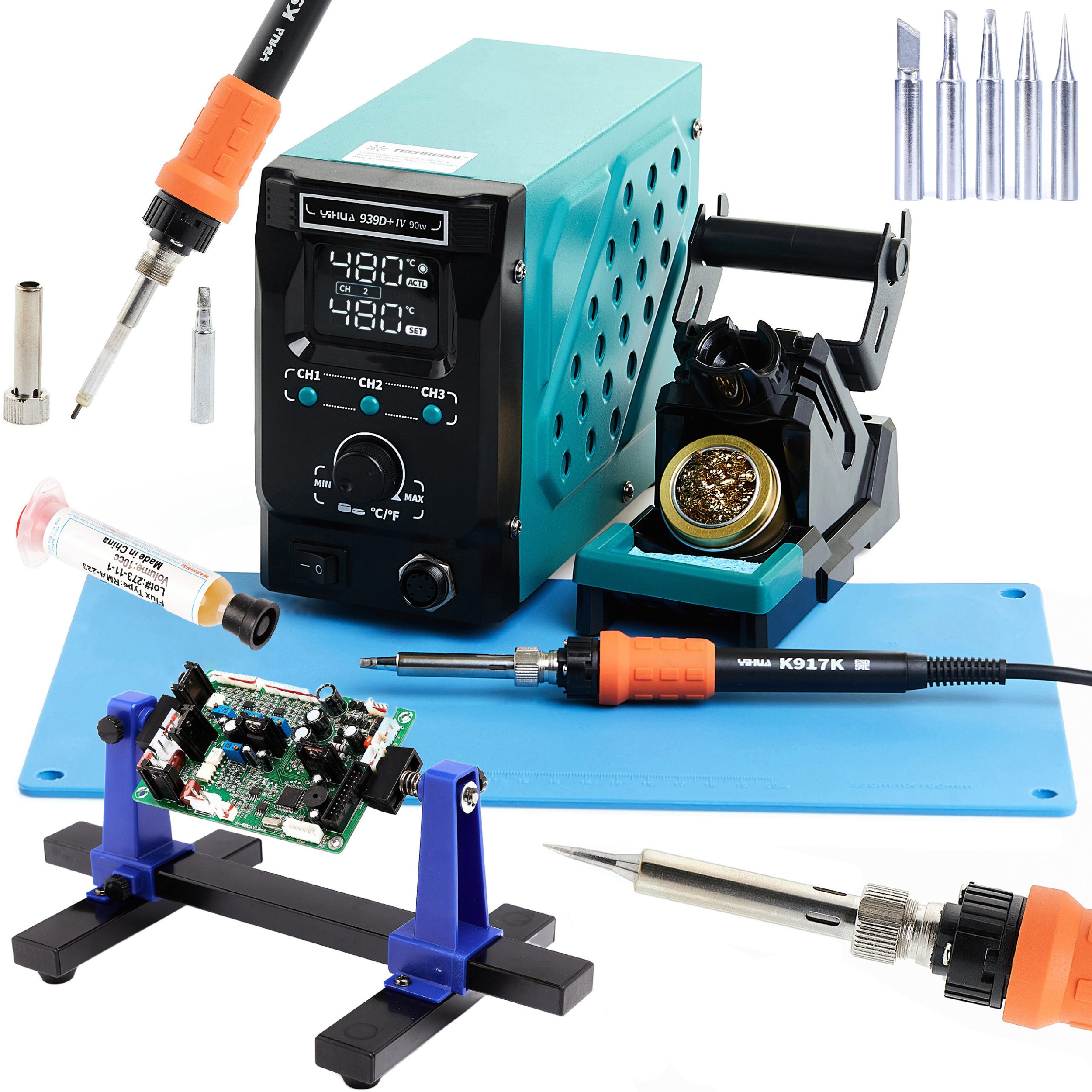 Stacja Lutownicza Yihua 939D+-IV 90W Zestaw Akcesoria Groty 902M Uchwyt PCB Techrebal