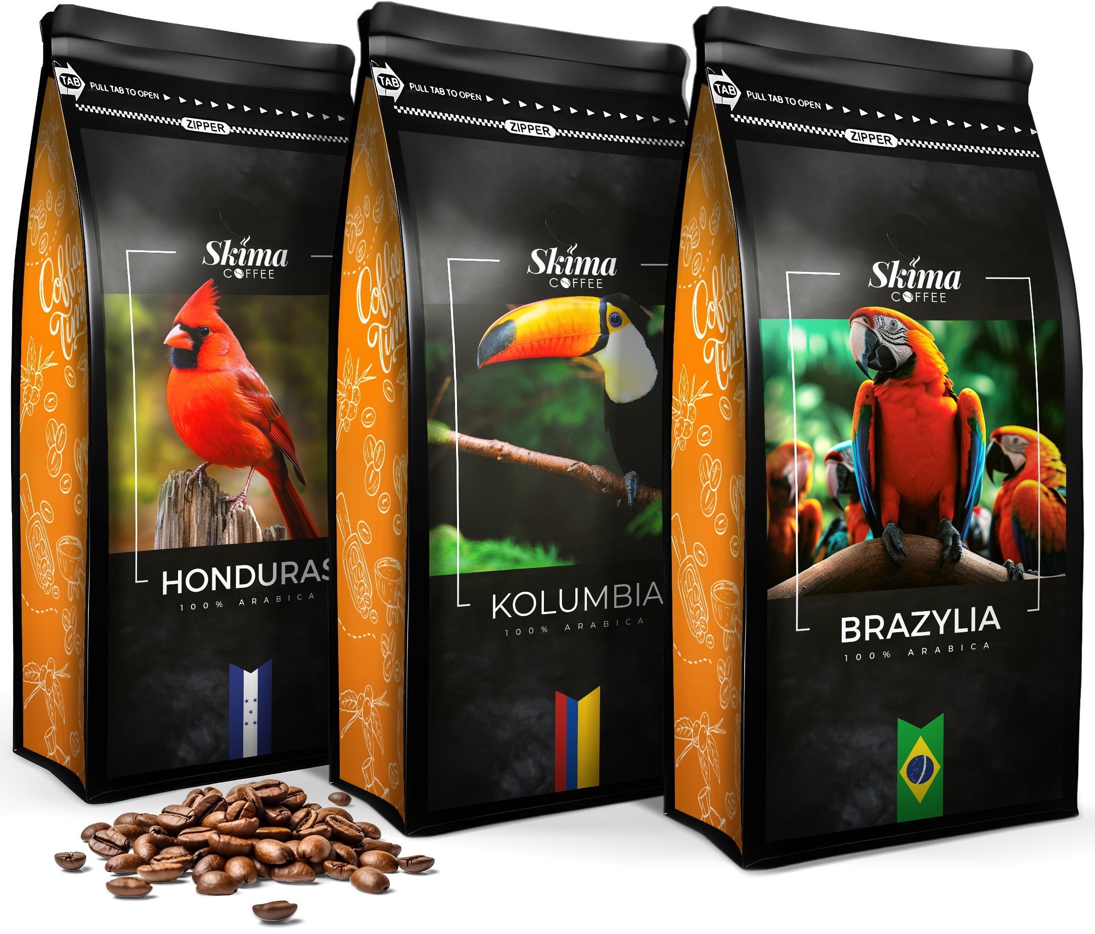 Zestaw Kawa ziarnista 1kgX3 BRAZYLIA/KOLUMBIA/HONDURAS Świeżo Palona do ekspresu + GRATIS