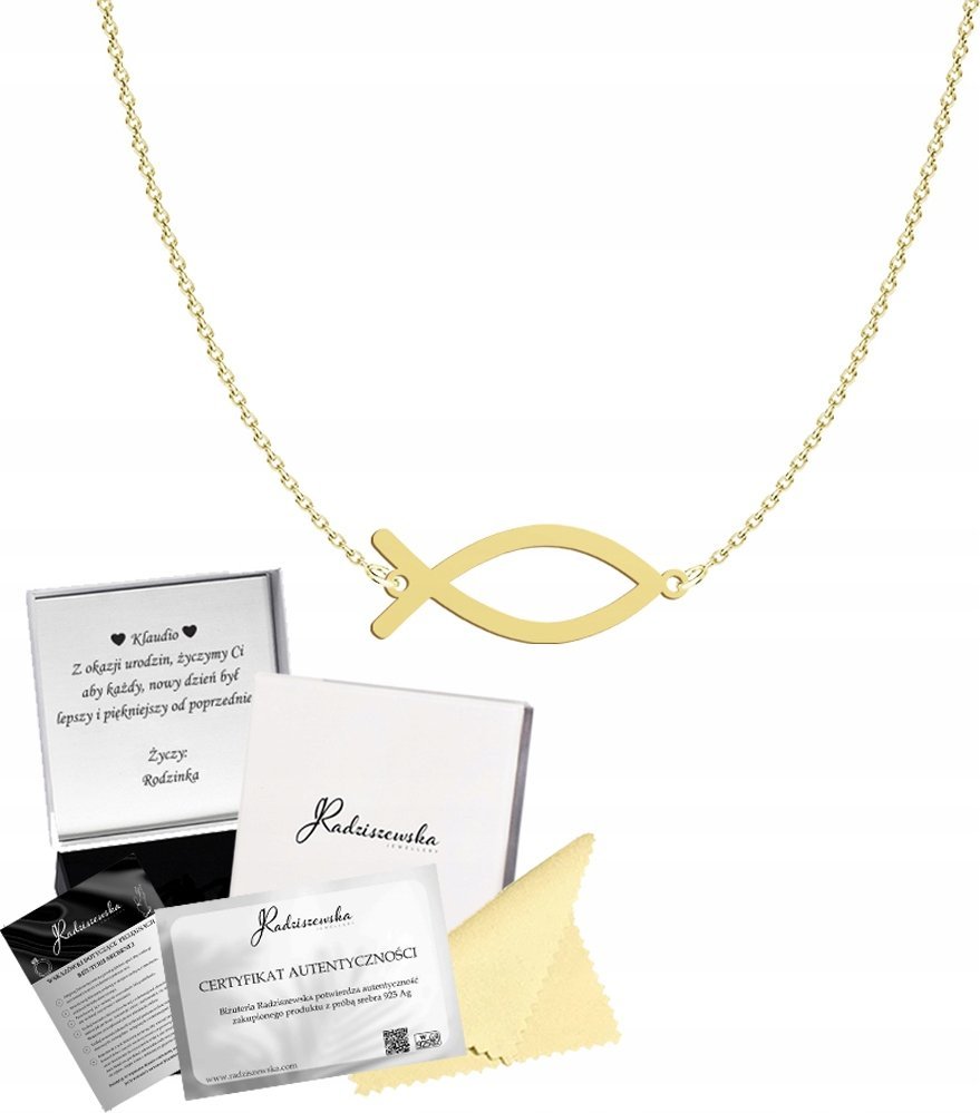 Radziszewska Jewellery Złoty Łańcuszek Ryba Ichtys SREBRO 925 Prezent Biżuteria ŻYCZENIA GRATIS