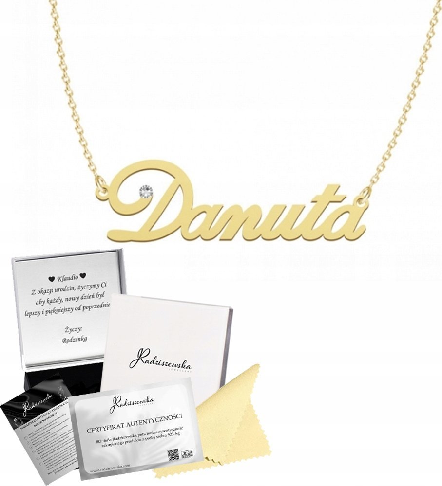 Radziszewska Jewellery ZŁOTY NASZYJNIK Z IMIENIEM DANUTA ŁAŃCUSZEK SREBRO 925 PREZENT DEDYKACJA