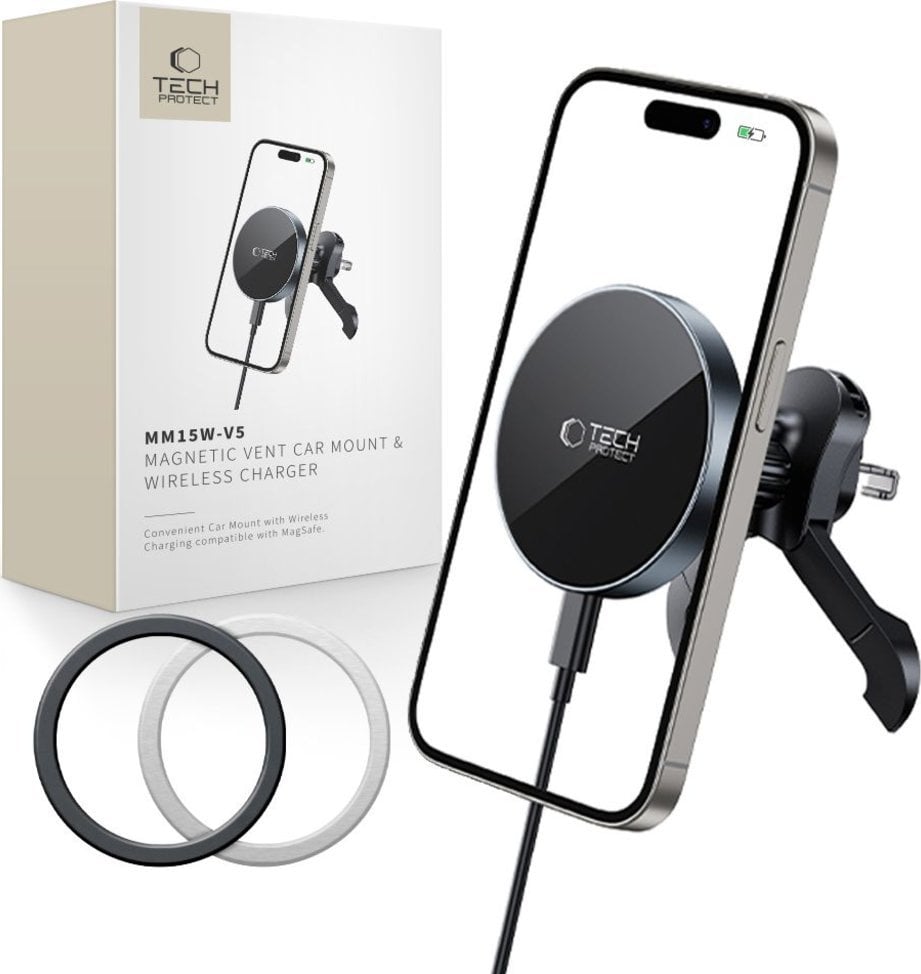 TECH-PROTECT MM15W-V5 MAGNETIC MAGSAFE STABLE VENT CAR MOUNT WIRELESS CHARGER 15W BLACK/BLACK