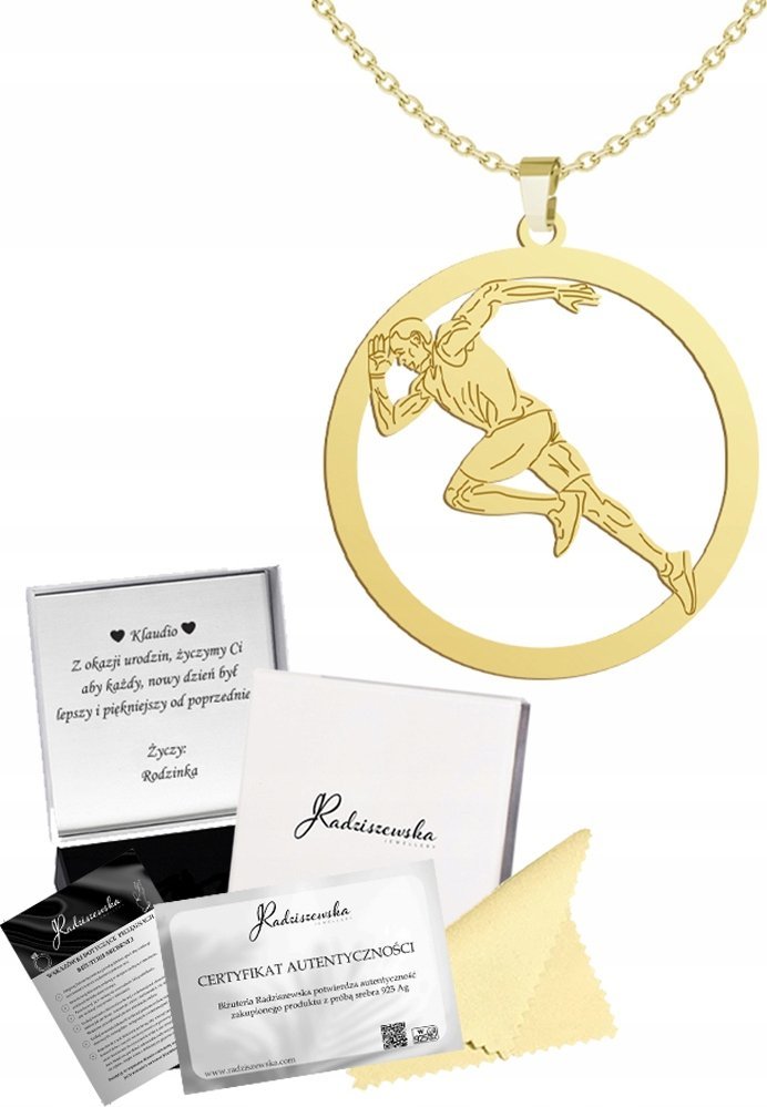 Radziszewska Jewellery Złoty Naszyjnik Sprinter Biegacz Łańcuszek Prezent Srebro 925 GRAWER GRATIS