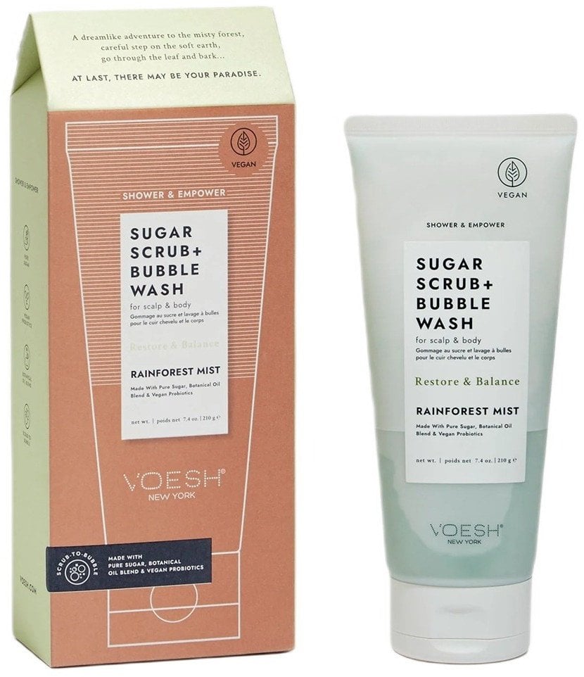 VOESH_Sugar Scrub + Bubble Wash peeling i pianka do mycia skóry głowy i ciała Rainforest Mist 210g
