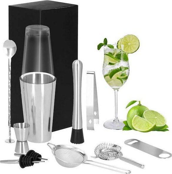 Springos Zestaw barmański 11 elementów shaker bostoński do drinków srebrny UNIWERSALNY
