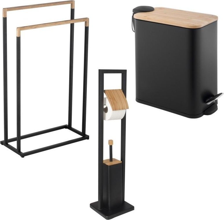 YokaHome Zestaw Łazienkowy Wieszak na ręczniki Kosz na śmieci i Stojak szczotka wc i uchwyt na papier czarny bambus - Yoka