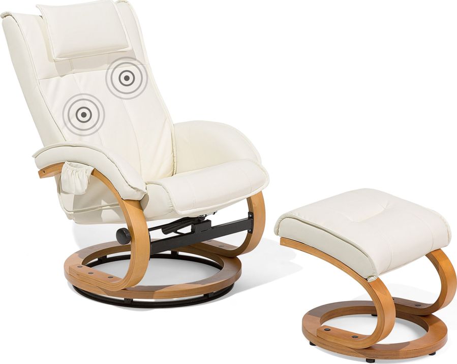 Shumee Fotel do masażu podgrzewany z podnóżkiem ekoskóra beżowy MAJESTIC