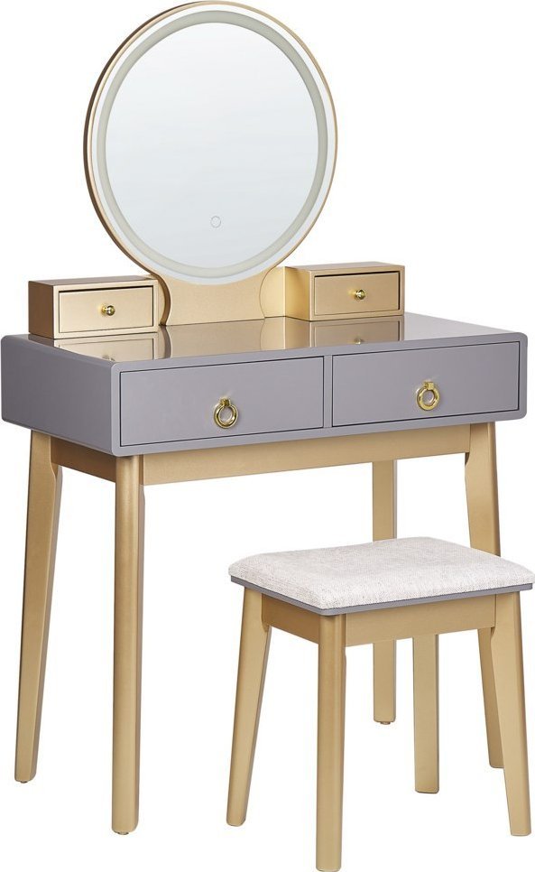 Beliani Toaletka 4 szuflady lustro LED ze stołkiem szaro-złota FEDRY