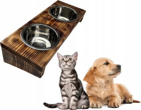 QLS STOJAK NA 2 MISKI DLA PSA KOTA DREWNIANY SKOŚNY