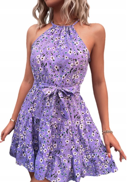 Piękna damska sukienka mini modna w kwiaty fioletowa wiązana M