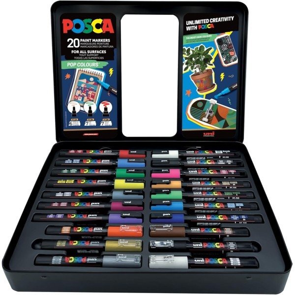 POSCA GIFT METAL TIN, 20 ass. Pop Colours (6xpc1mc - 7xpc3m - 7xpc5m)