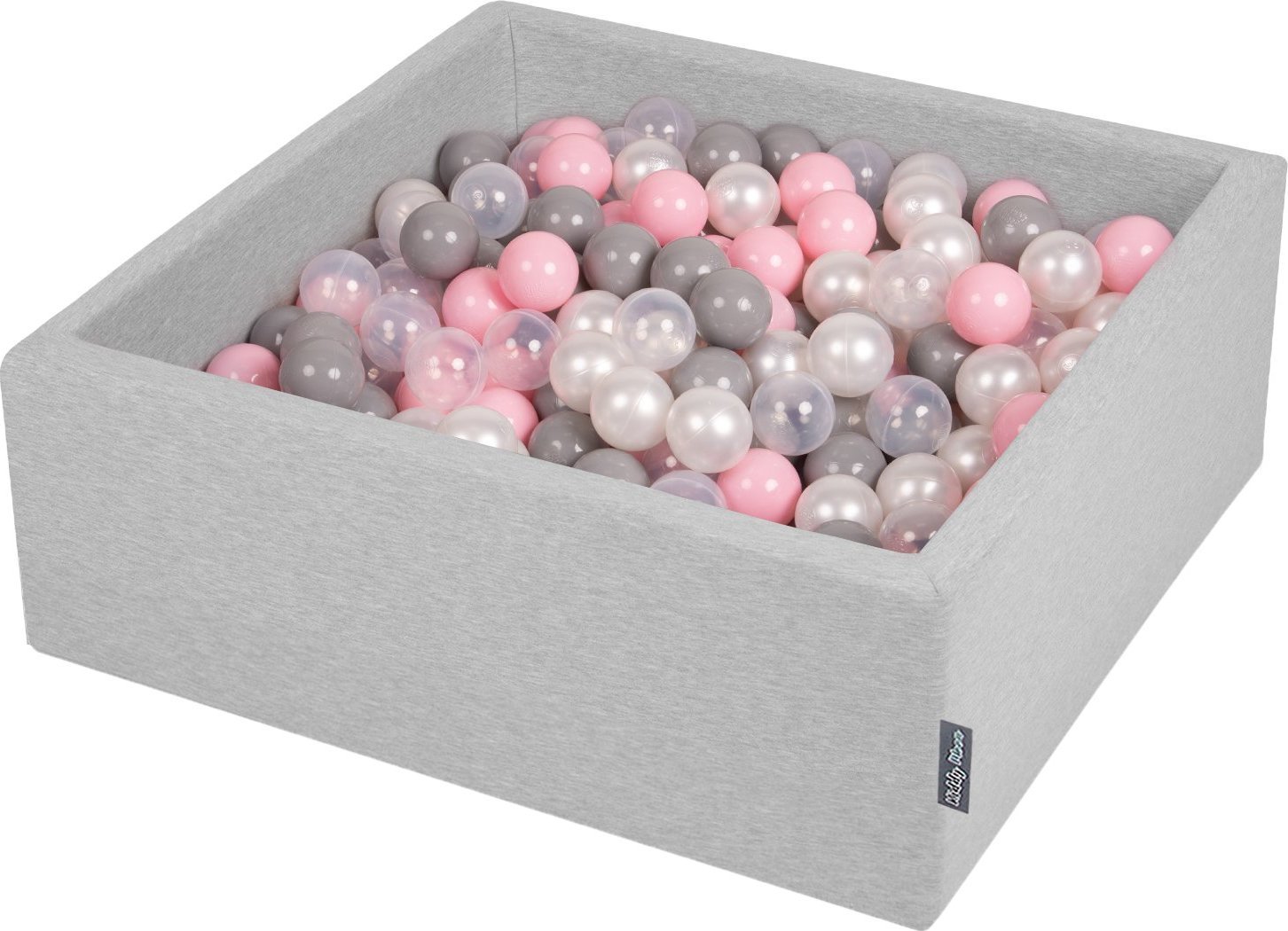 KiddyMoon KiddyMoon Suchy basen kwadratowy z piłeczkami 7cm jasnoszary: perła-szary-transparent-pudrowy róż 90x30cm/200piłek Zabawka basen piankowy