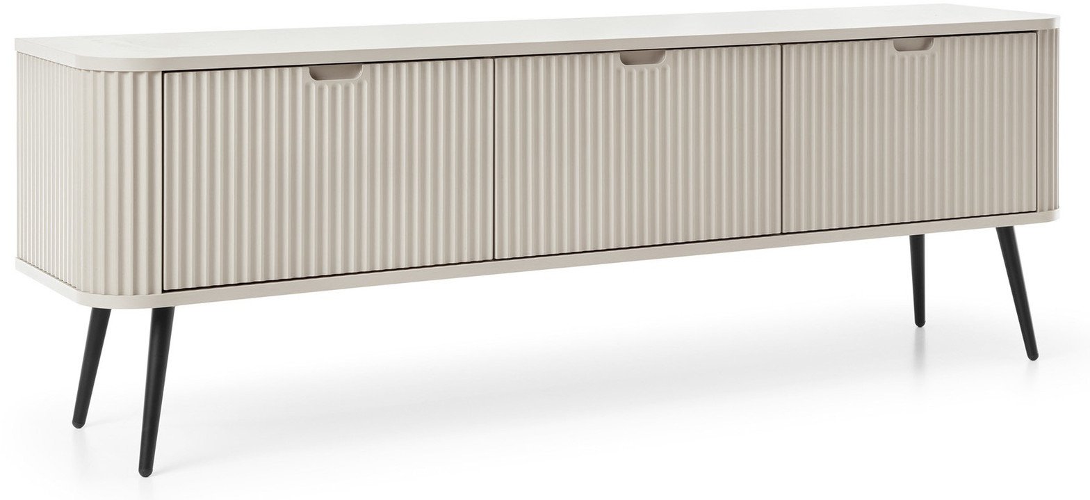 Szafka RTV Porto 168cm w kolorze cashmere trzydrzwiowa z ryflowanymi frontami i czarnymi nogami