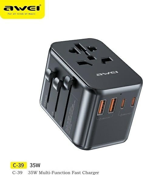 Ładowarka Awei AWEI Adapter siec 2xUSB+3xUSB-C C-39 35W 4w1 US/AU/EU/UK czarny/black Univesal Travel GaN Charger