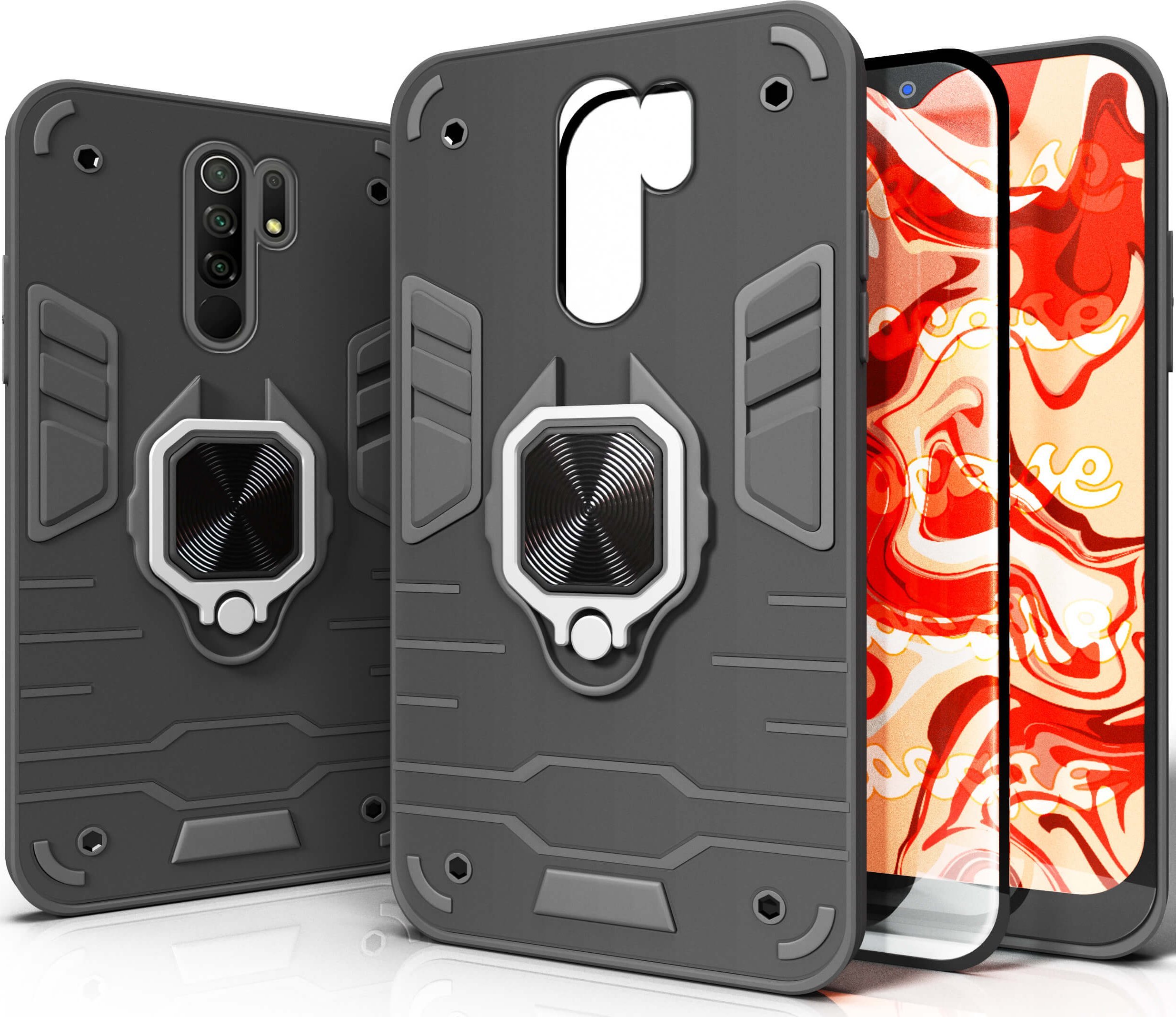 Hello Case ETUI PANCERNE DO XIAOMI REDMI 9 CZARNE OBUDOWA ARMOR HOLDER RING SZKŁO 9H