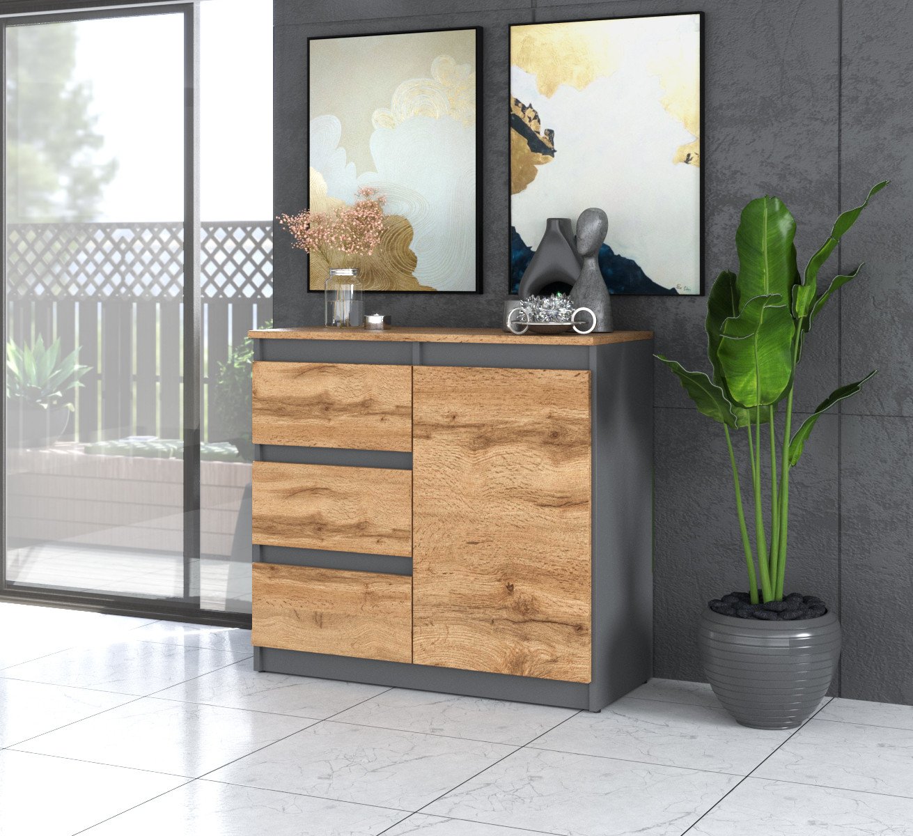 Komoda Do Sypialni Wąska 80cm Agnes Plus 3 Szuflady Szafka Szara Dąb Wotan