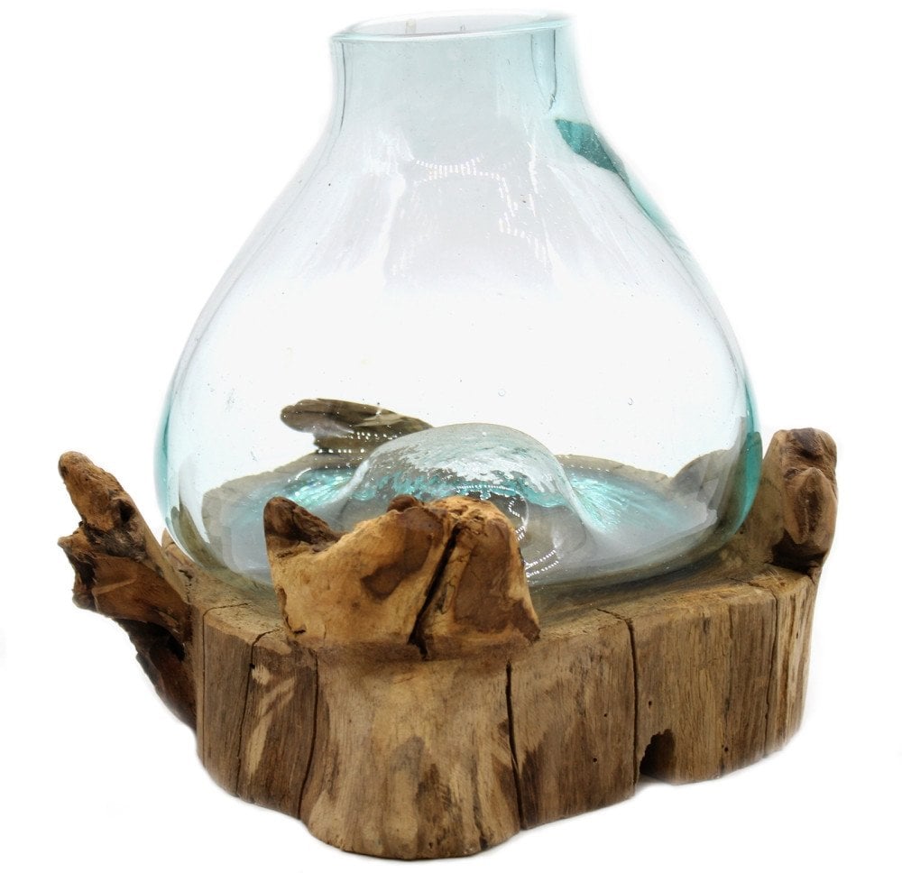Szklany Wazon Wtopiony w Drewno - Z Żarówką