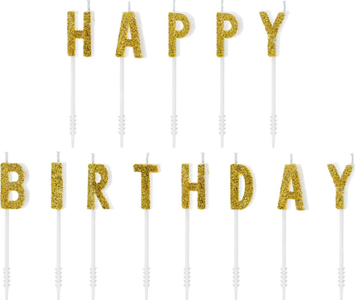 Party Deco Świeczki pikery napis - złoty brokatowy napis Happy Birthday uniwersalny