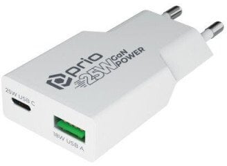 prio SLIM Charger GaN POWER 25W PD PPS (USB C)+ QC 3.0 (USB A) white PWC-1307 (4067397053145)