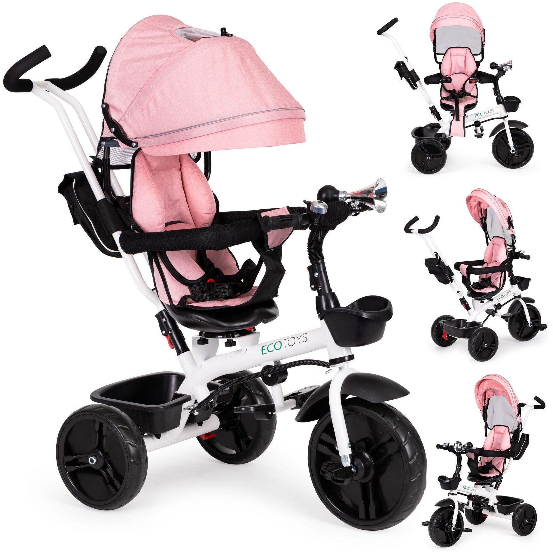 Rowerek trójkołowy spacerówka obracany fotelik 360* Różowy ECOTOYS