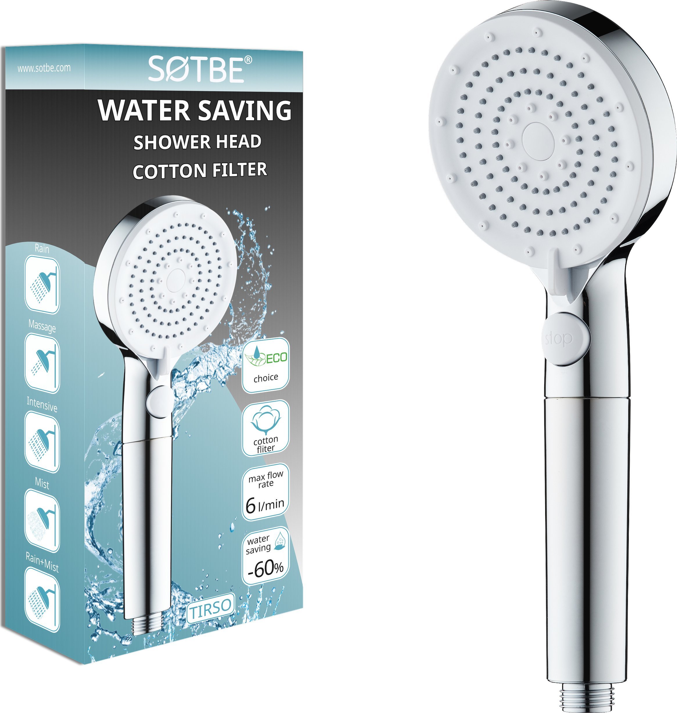 Słuchawka prysznicowa Sotbe SOTBE LARK TIRSO wodooszczędna słuchawka prysznicowa 5 zakresowa z filtrem. Kolor chrom
