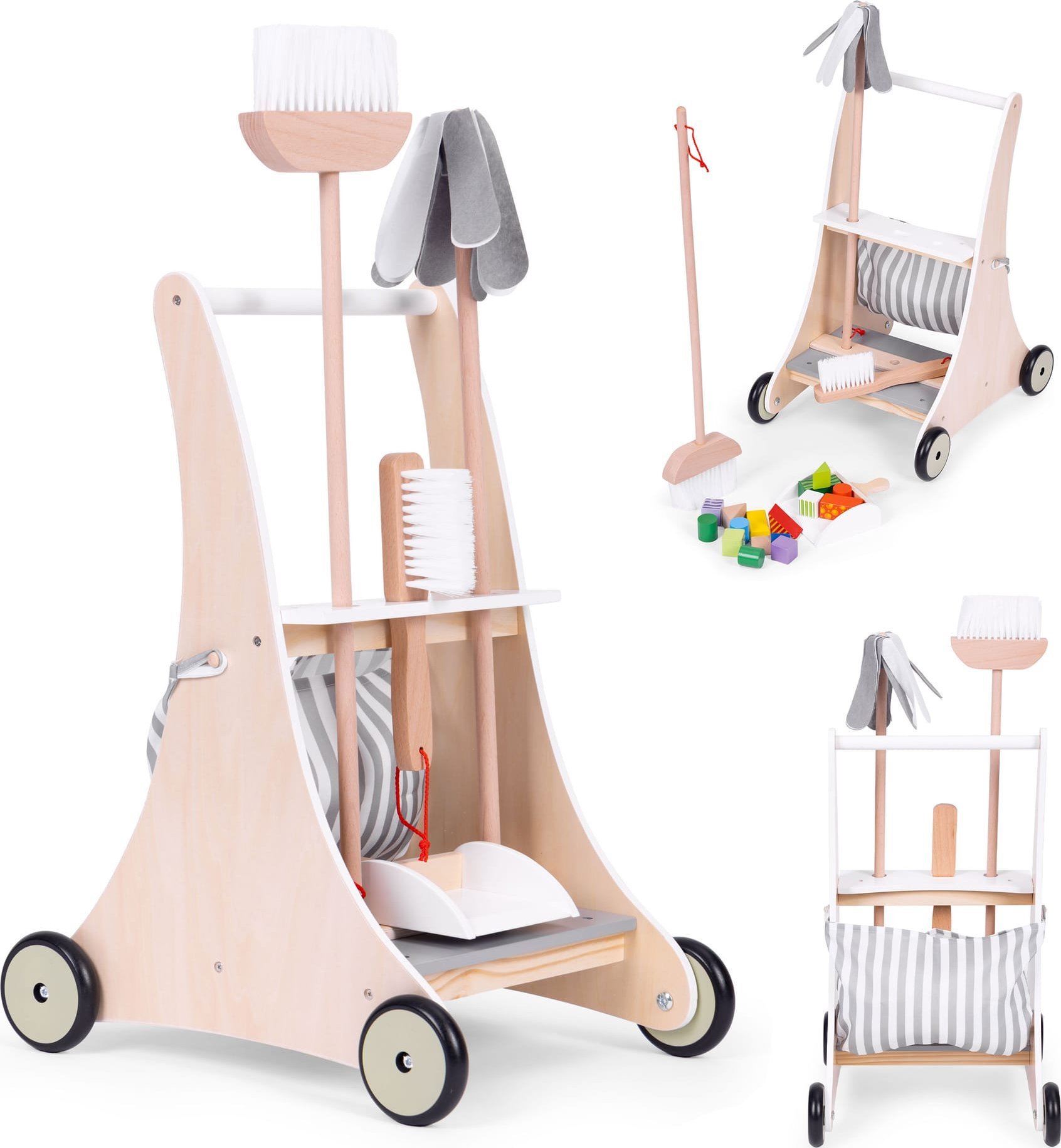 Ecotoys Drewniany zestaw do sprzątania wózek beżowy ECOTOYS