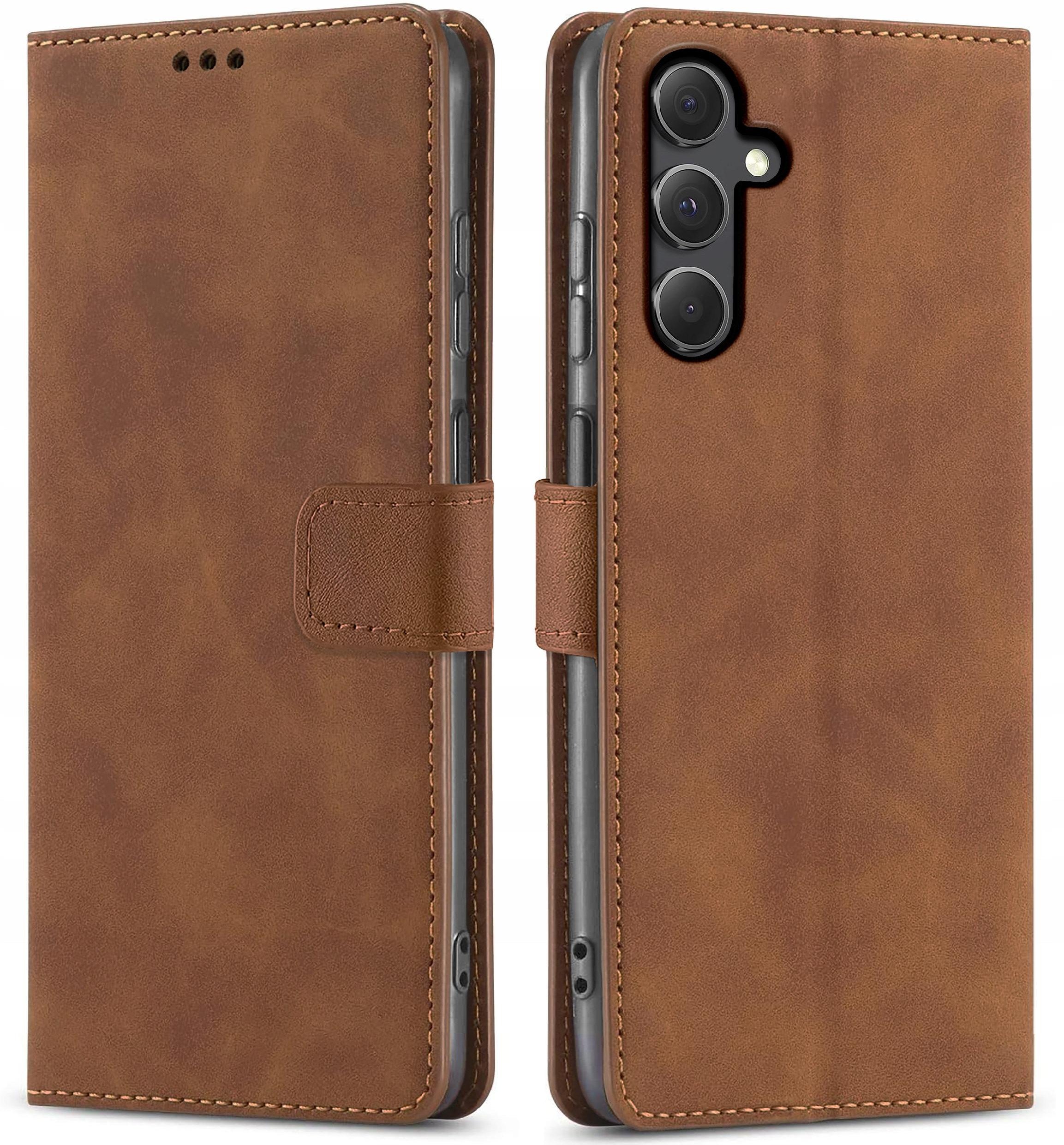 ETUI Z KLAPKĄ do Samsung S23 FE | BRĄZOWE ZAMYKANE CASE + SZKŁO