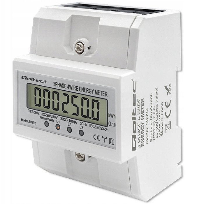 Qoltec 3-Fazowy elektroniczny licznik | miernik zużycia energii na szynę DIN | 400V | 100A | LCD | 4P