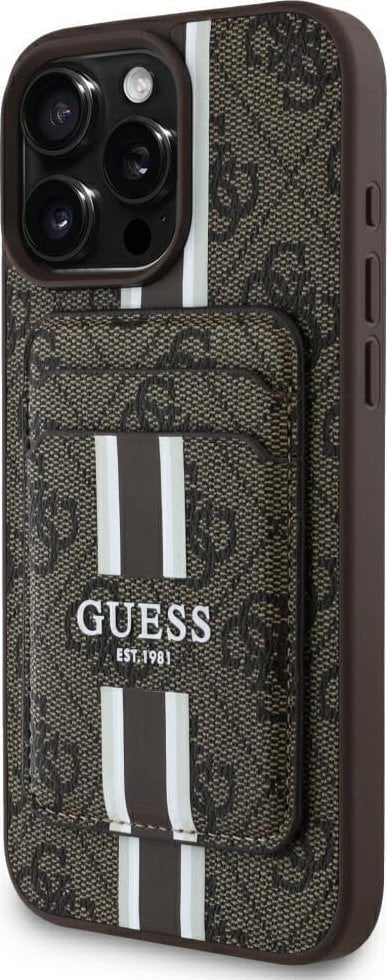 Etui Guess 4G Stripes z portfelem Magsafe do iPhone 16 Pro Max brązowy