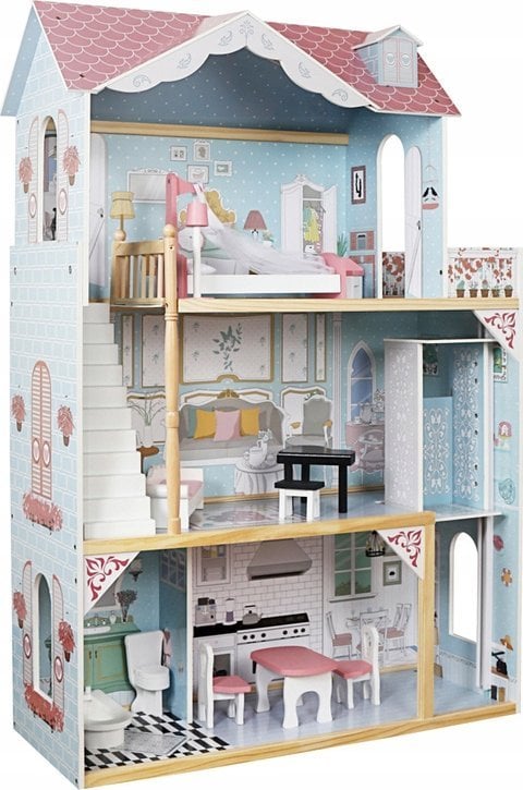Duży Drewniany Domek dla lalek + drewniane mebelki Pastelowe kolory ZA5457