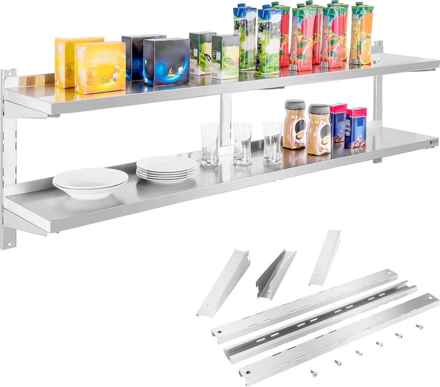 Royal Catering Półka ścienna stalowa wisząca podwójna z regulacją 180cm Półka ścienna stalowa wisząca podwójna z regulacją 180cm