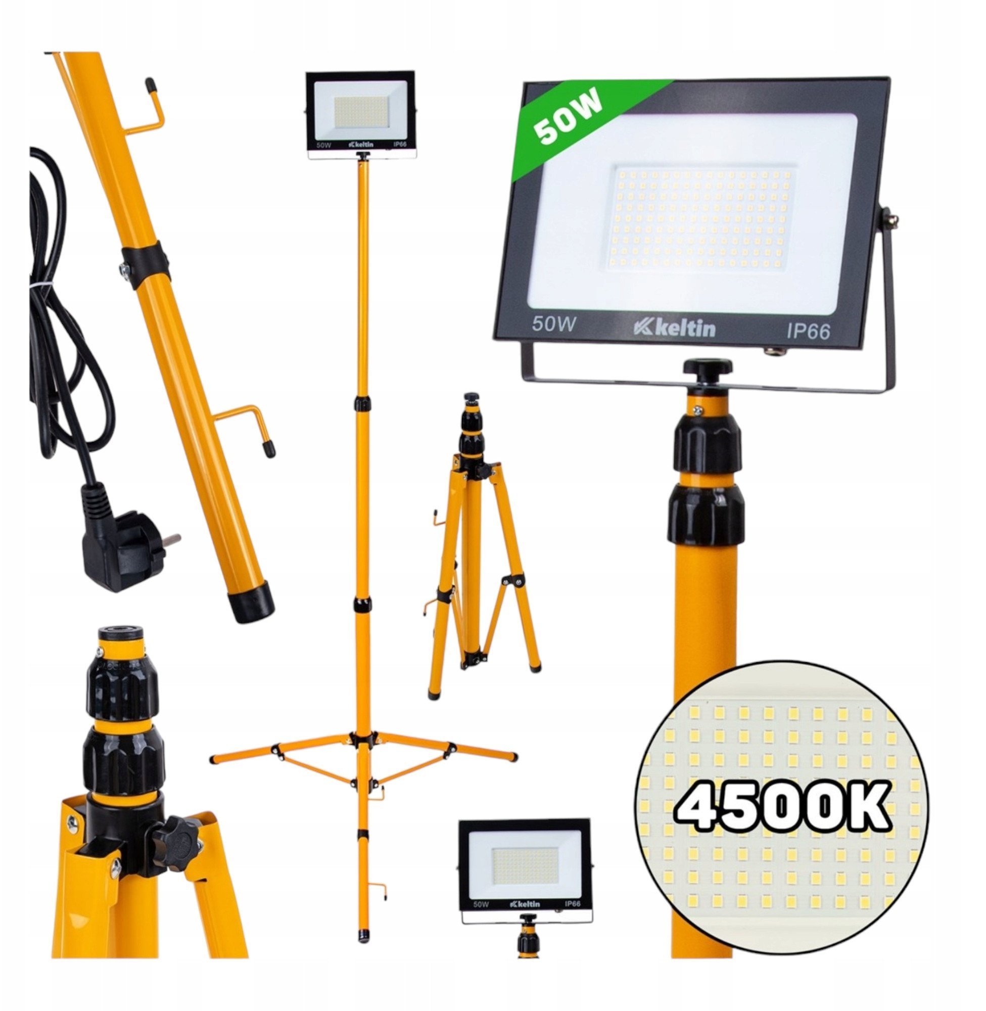 Naświetlacz LED 50W ze statywem budowlanym teleskopowym i przewodem – barwa biała neutralna 4500K (1)
