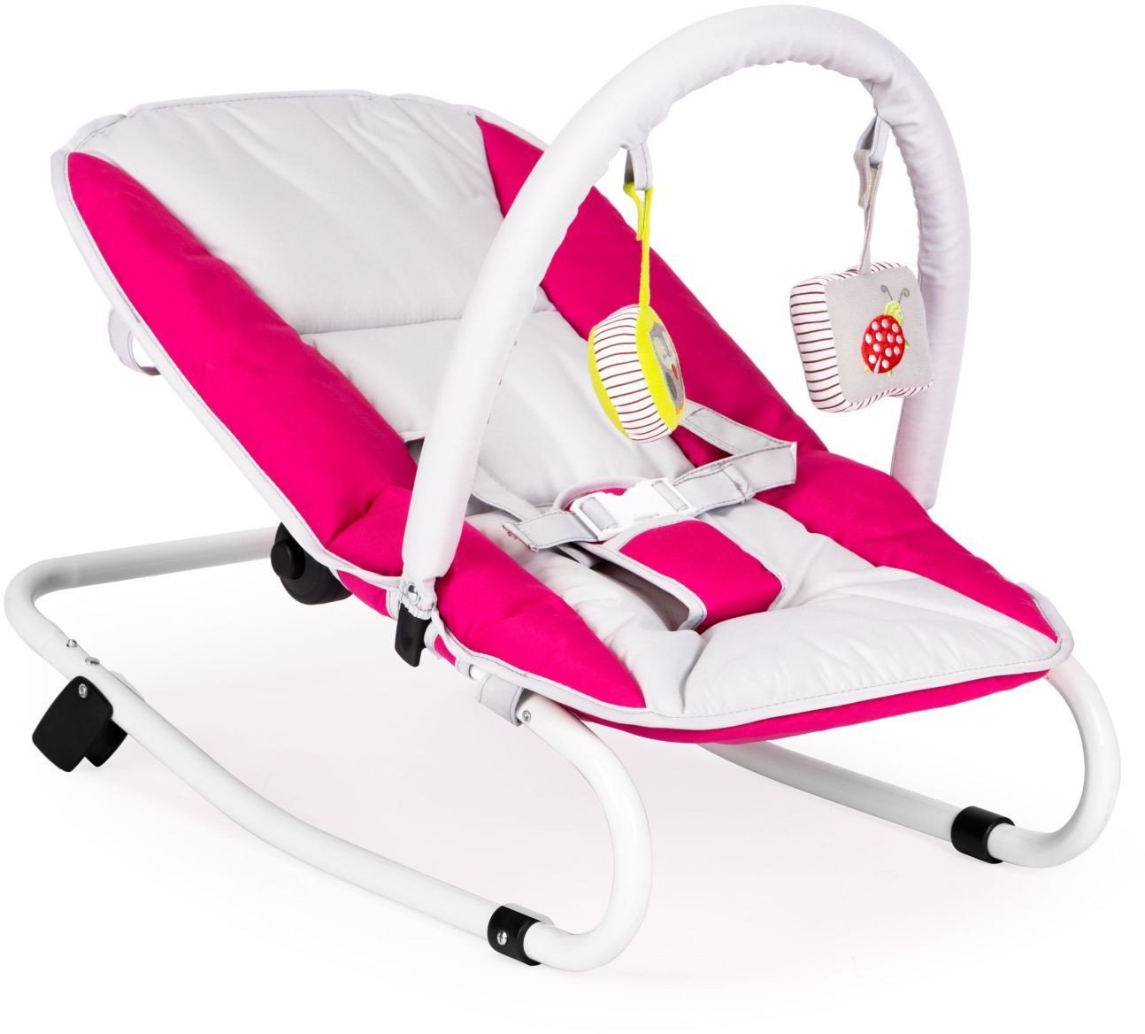 Leżaczek bujaczek składana kołyska z zabawkami biało-różowy