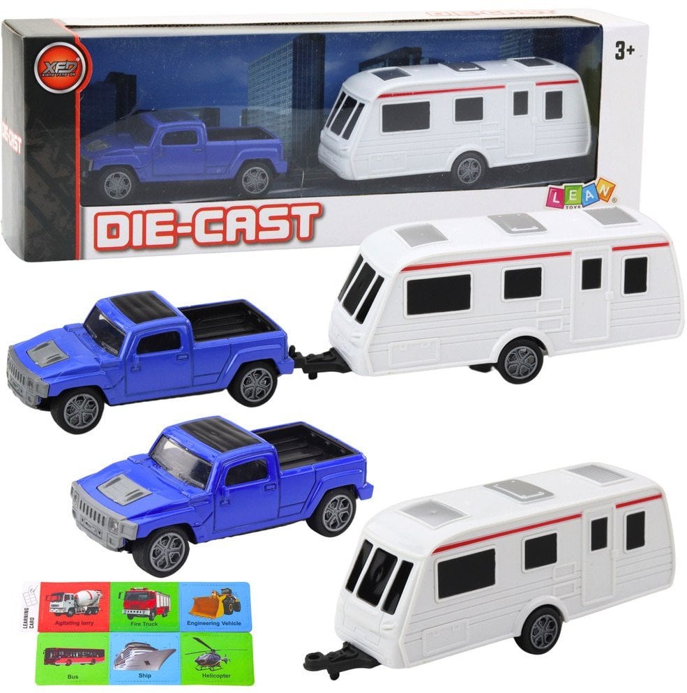 Zestaw Samochód Metalowy Z Kamperem Przyczepa Niebieski LEAN Toys