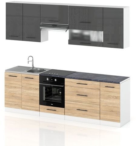 Meble Kuchenne Kuchnia Marocco 2.6m Zestaw Modułowy Czarny Mat Dąb Sonoma