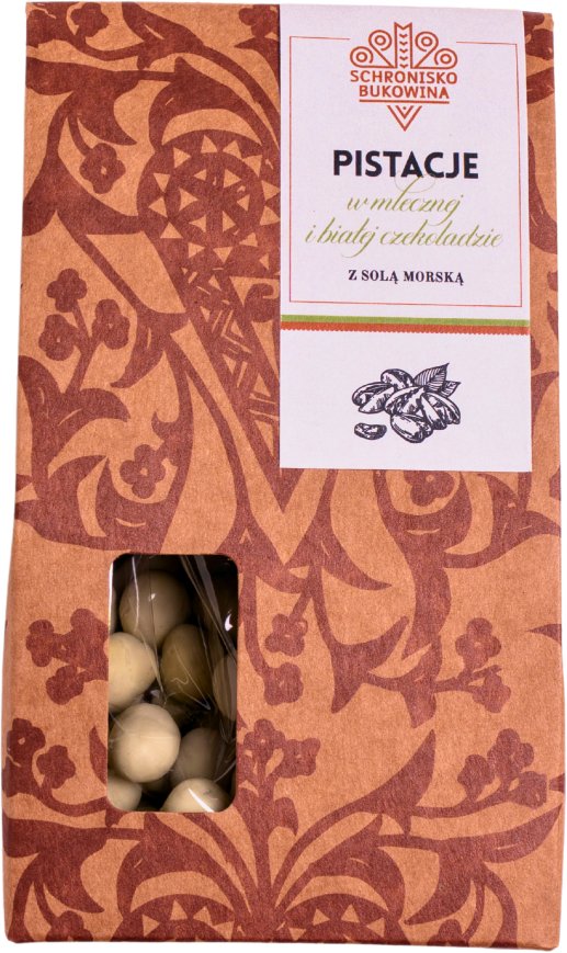 Pistacje w mlecznej i białej czekoladzie z solą morską 100g - Schronisko Bukowina