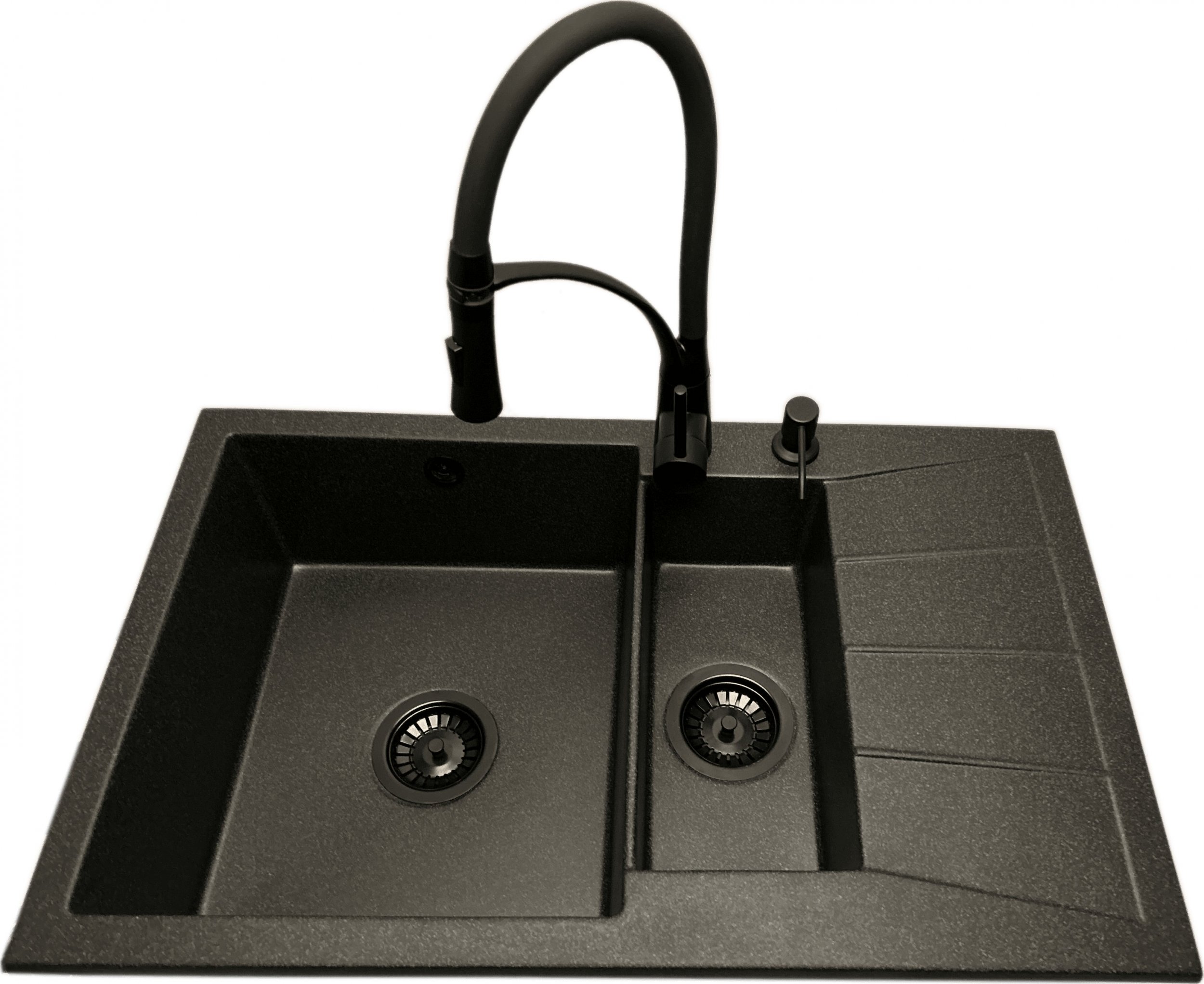 Zlewozmywak PREHNIT Zlewozmywak 1,5 komorowy z ociekaczem MILOS grafit z prawym ociekaczem + bateria NEXO + dozownik