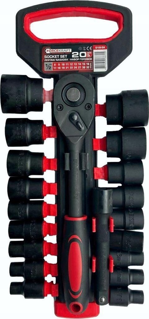 Forcekraft Zestaw nasadek 1/2" 20el. (z grzechotką i przedłużką) (8-32mm)