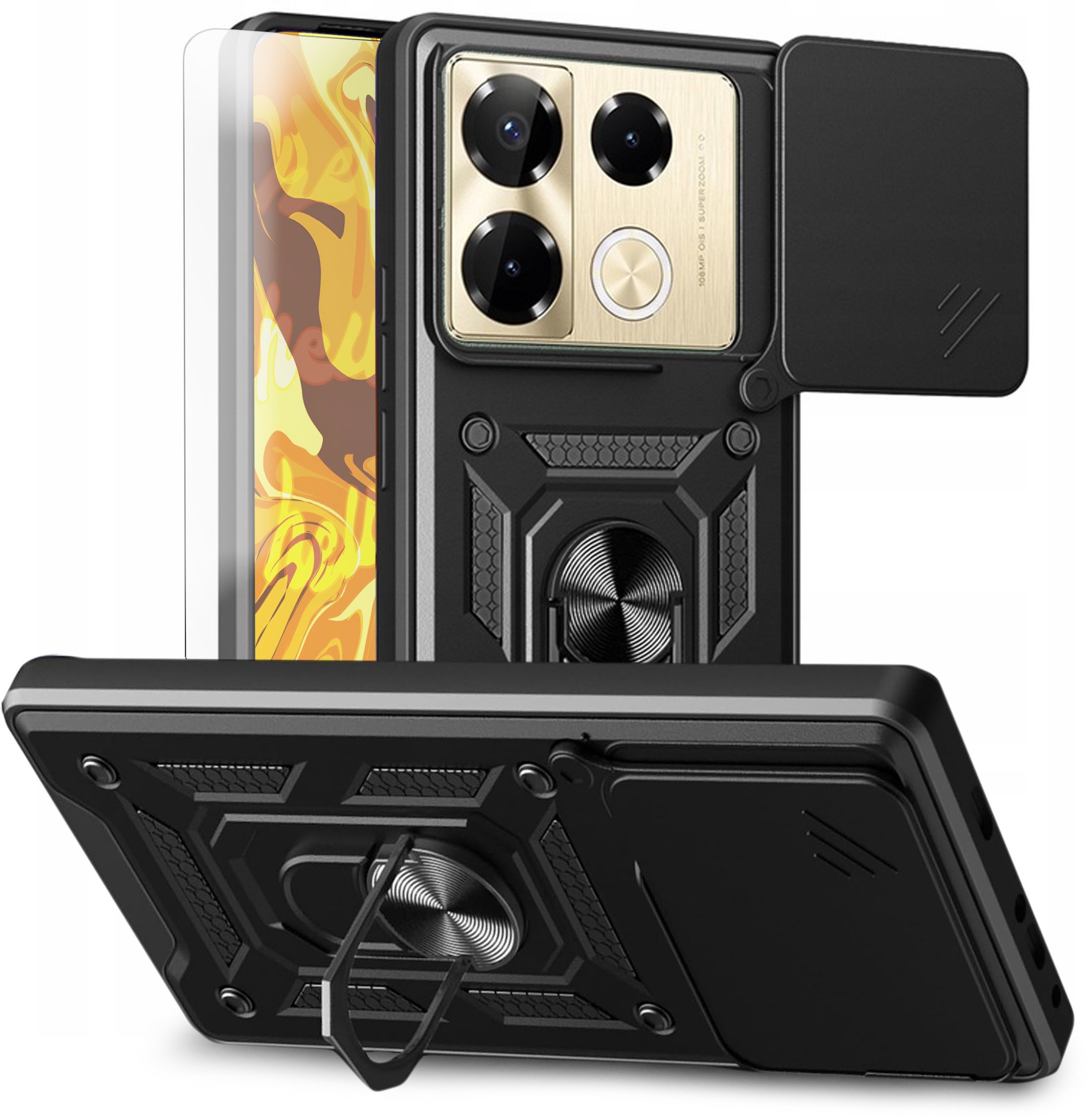 ETUI PANCERNE DO INFINIX NOTE 40 4G CZARNE ARMOR HOLDER RING CASE SZKŁO