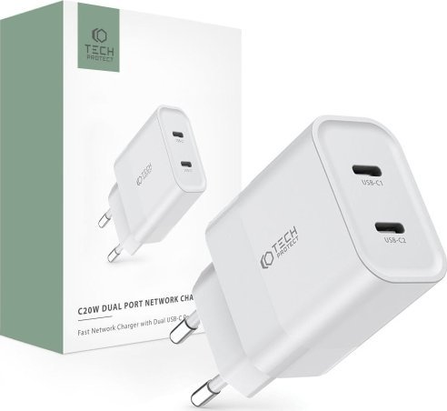 Zasilacz do laptopa Tech-Protect TECH-PROTECT C20W 2-PORT NETWORK CHARGER PD20W WHITE