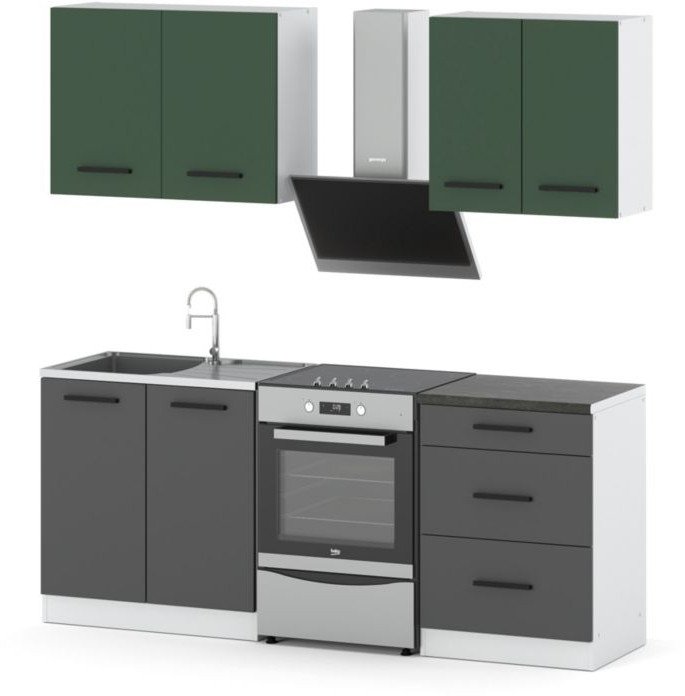 Meble kuchenne modułowe z blatem małe 2m biały butelkowa zieleń szary mat