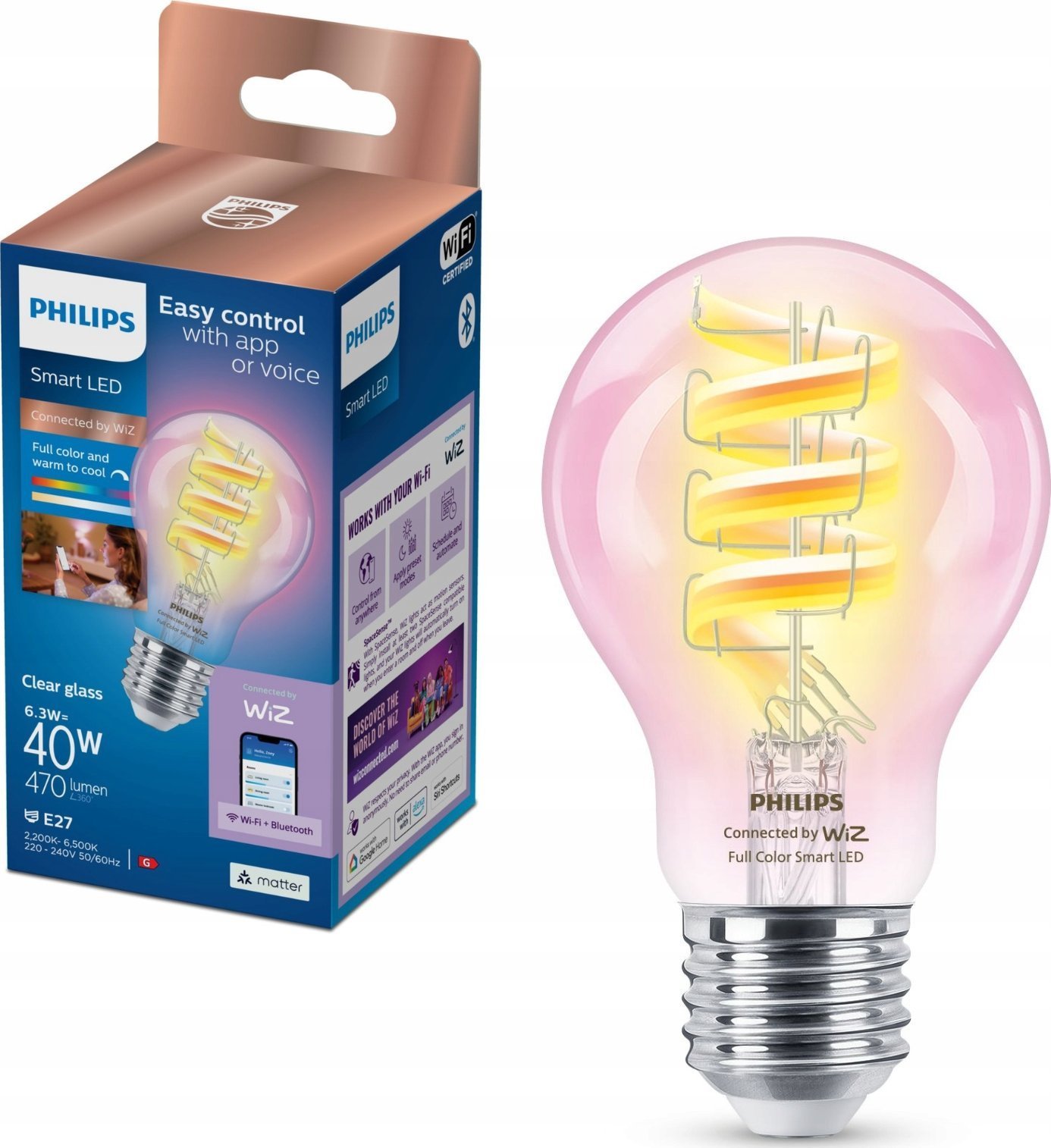 Philips WiZ | Philips Smart WiFi Filament Clear RGB | E27 | 6.3 W | Full colour