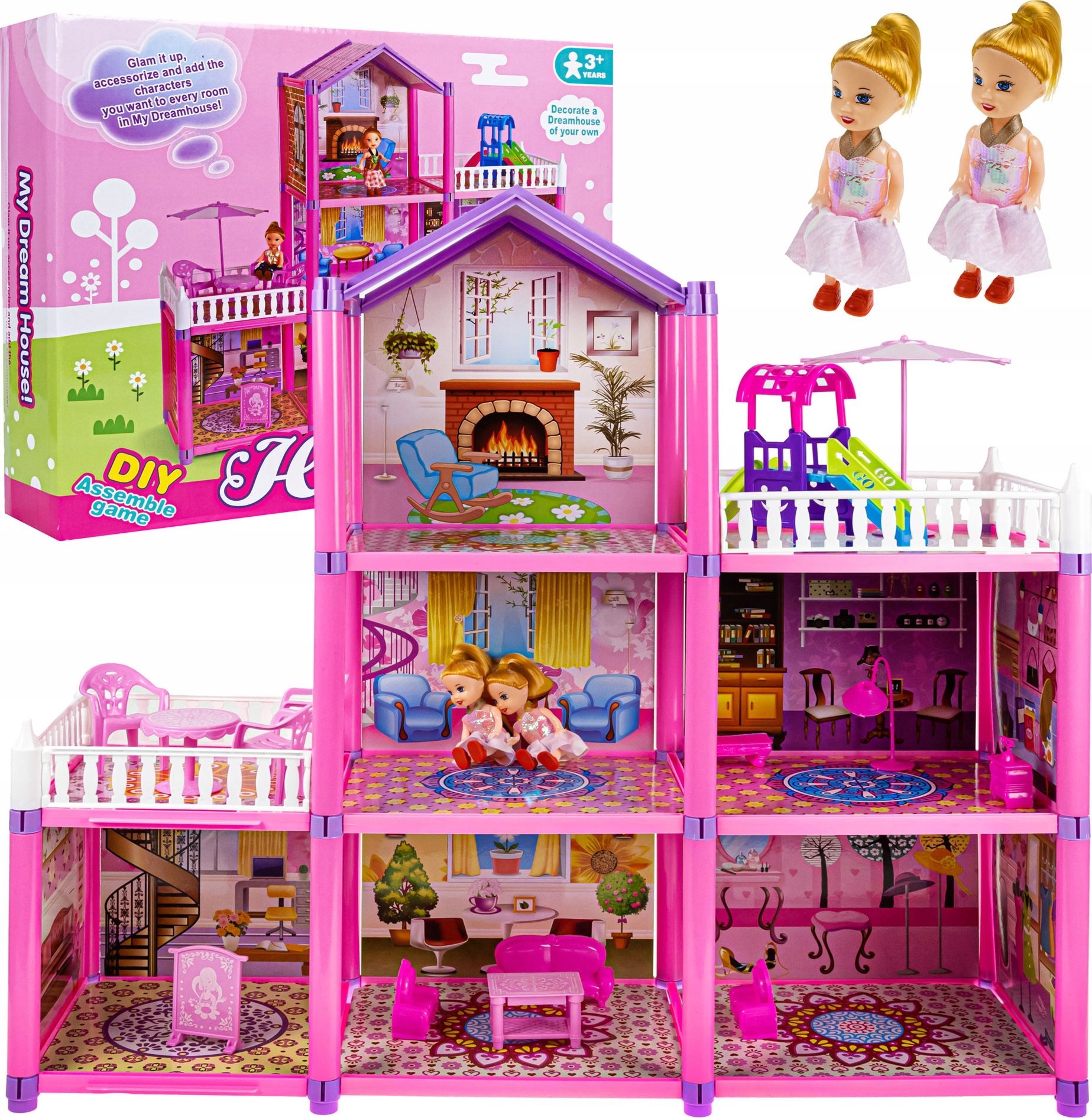 Duży Domek Willa Dla Lalek + Łóżeczko Zjeżdżalnia Meble 2 Lalki Laleczki