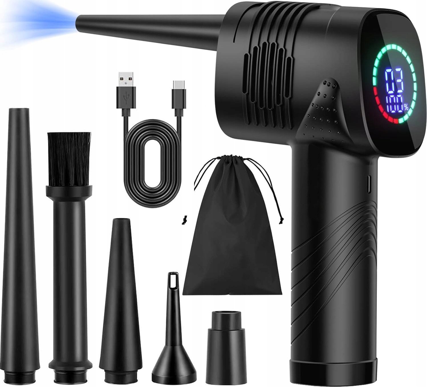 BEZSZCZOTKOWA DMUCHAWA DO SAMOCHODU, 3 POZIOMY PRĘDKOŚCI MOC 20-40W, BATERIA O POJMNOŚCI 2000mAh, 5 KOŃCÓKWEK, ŁADOWANIE TYPU C