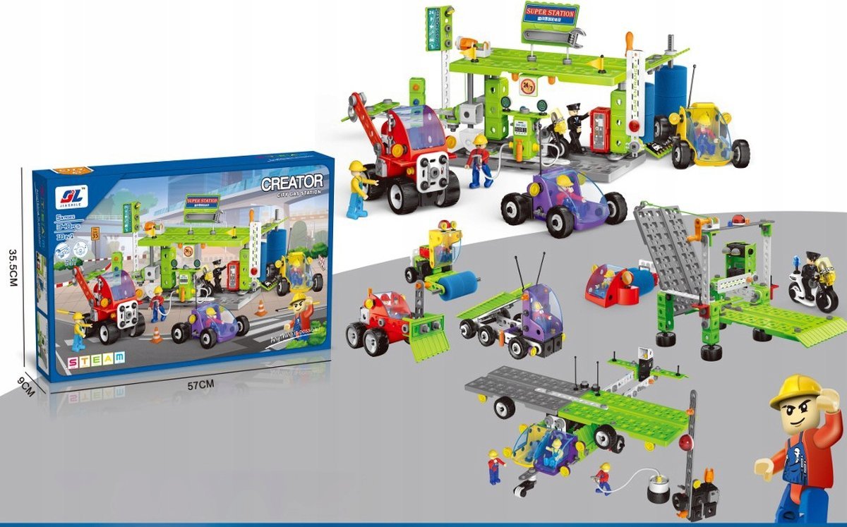 Klocki Konstrukcyjne MIASTO 340 El. Pojazdy, Stacja Benzynowa, Auto, Samochód, Samolot Do Rozkręcania I Skręcania 10w1