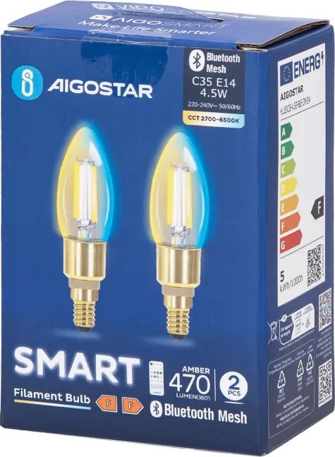 Aigostar Inteligentna żarówka Bluetooth Mesh C35 4.5W CCT 2 szt. Inteligentna żarówka Bluetooth Mesh C35 4.5W CCT 2 szt.